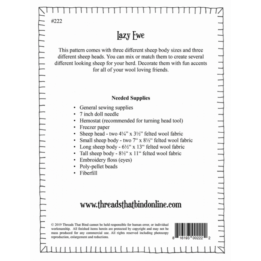 Threads that Bind ~ "Lazy Ewe" Wool Stuffed Sheep Sewing Pattern