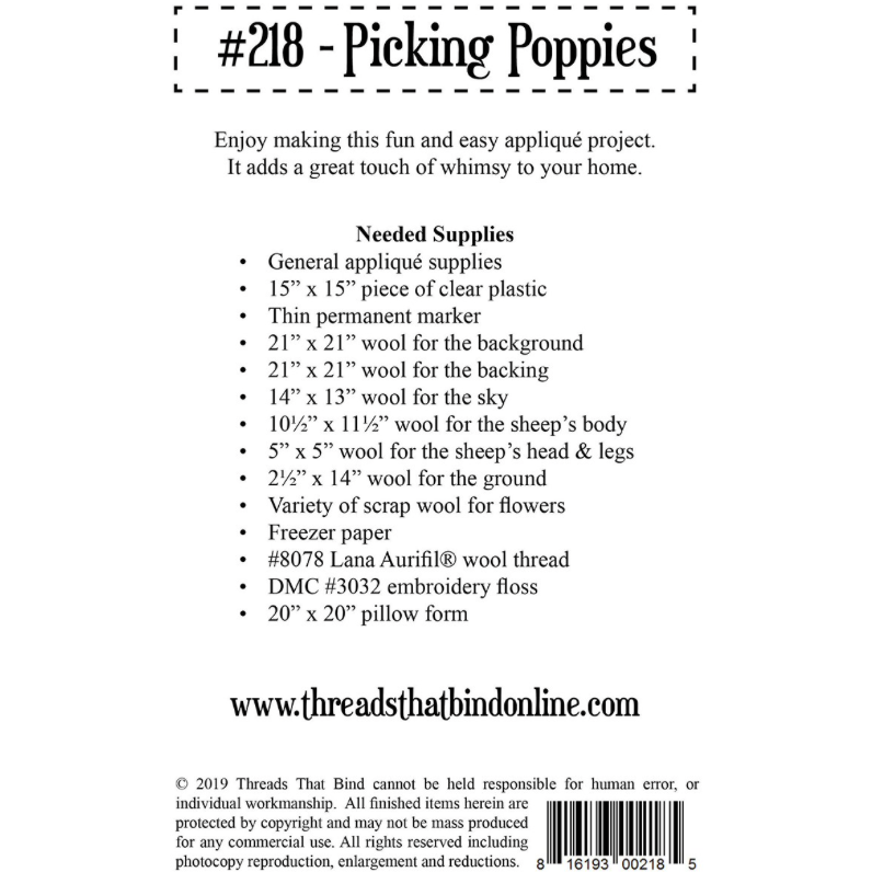 Threads That Bind ~ Picking Poppies Wool Applique Pattern