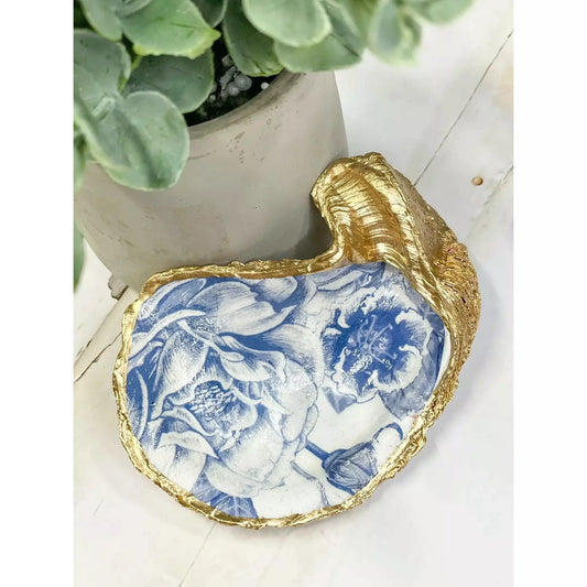Oyster Trinket Dish ~ Vintage Blue Flowers